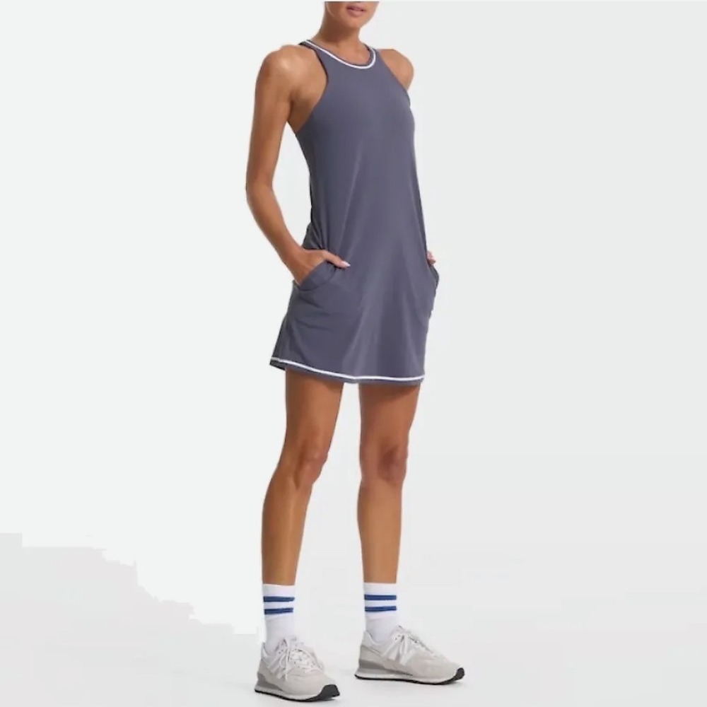 Vuori Slate Gray Sleeveless Mini Dress with White Trim